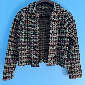 AVEC Vintage-Style Multicolor Pixelated Woven Knit Button-Up Jacket